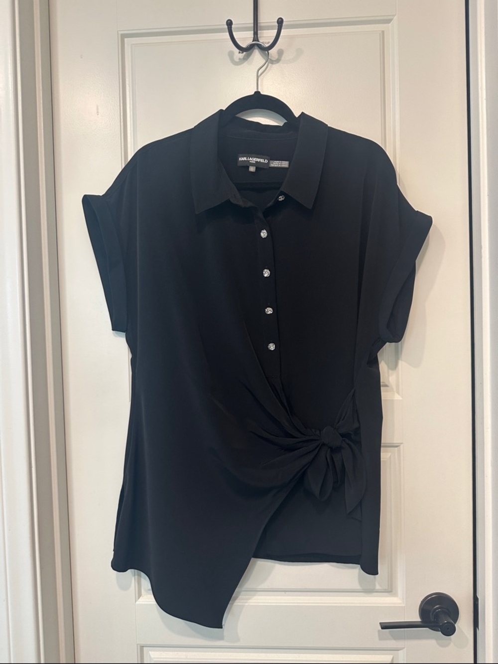 Karl Lagerfeld Black Short-Sleeve Tie-Front Blouse